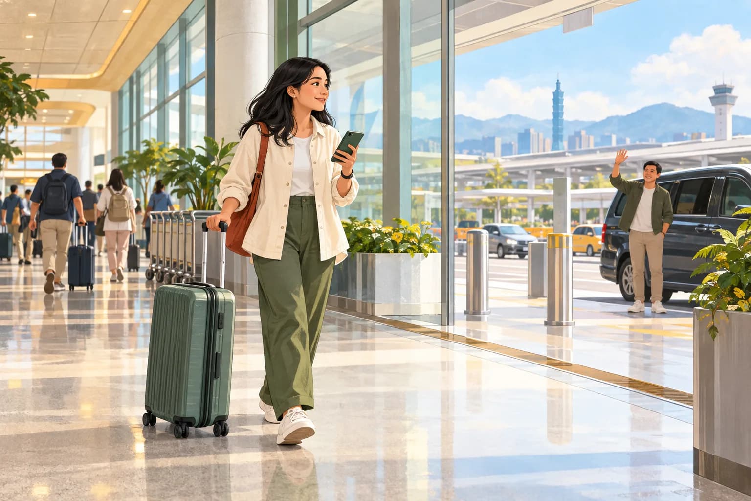 A traveler checks a phone with luggage in a Taiwan airport.