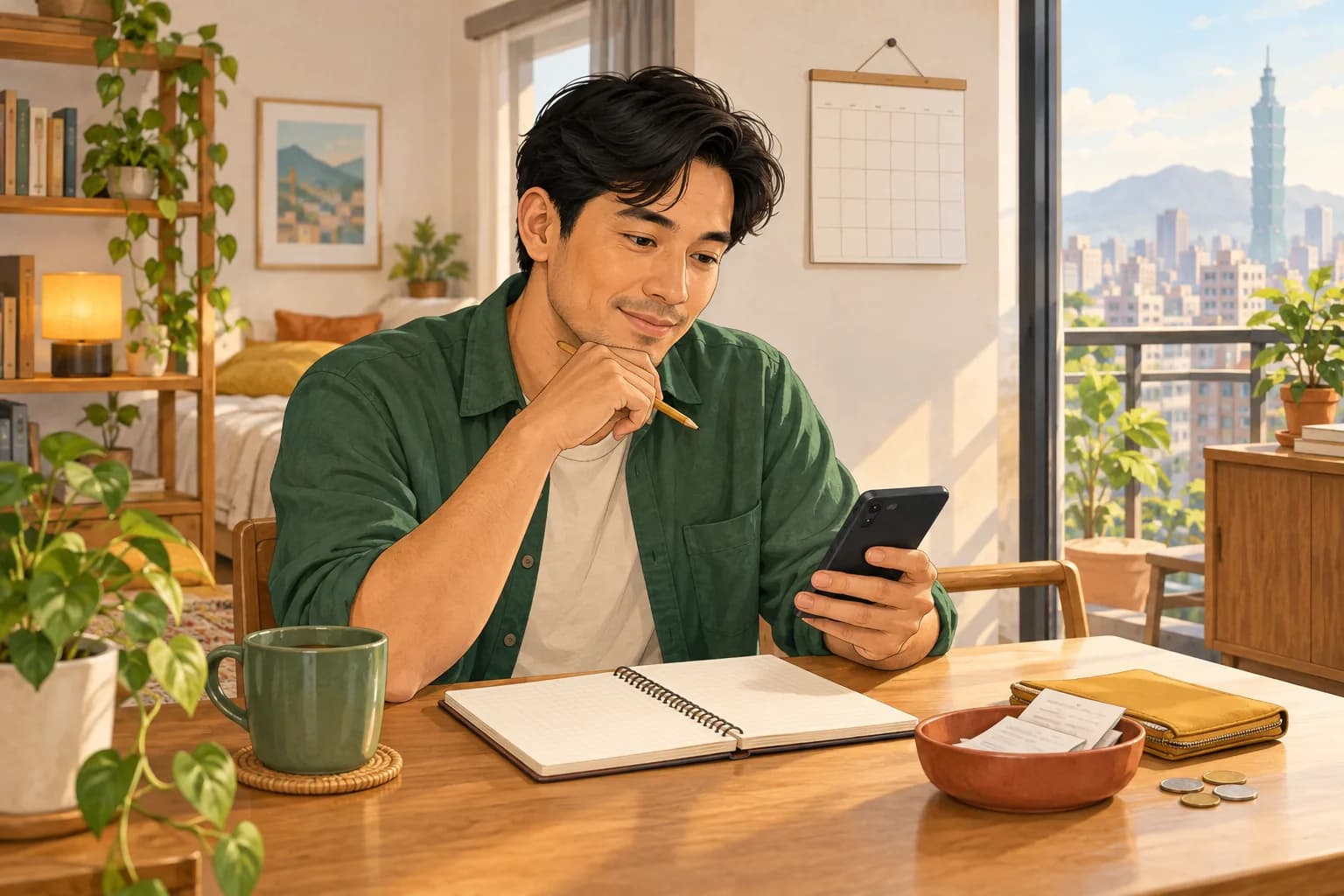 A person plans monthly spending with a phone and notebook.