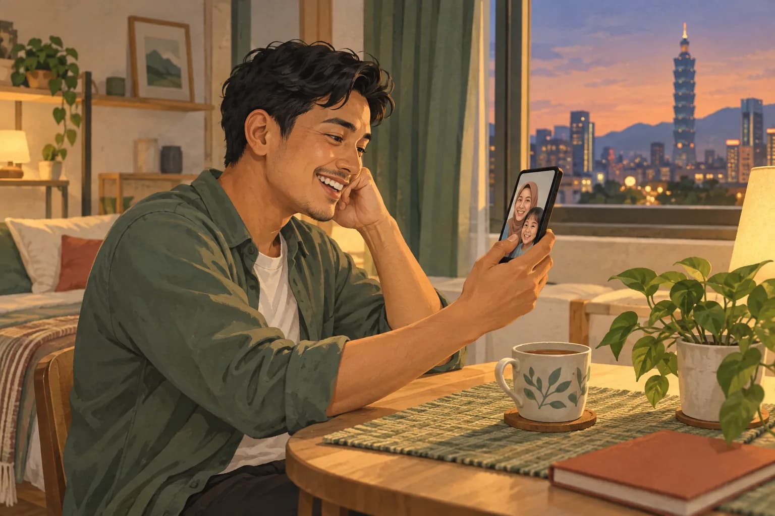 A person makes a family video call at a table after work.