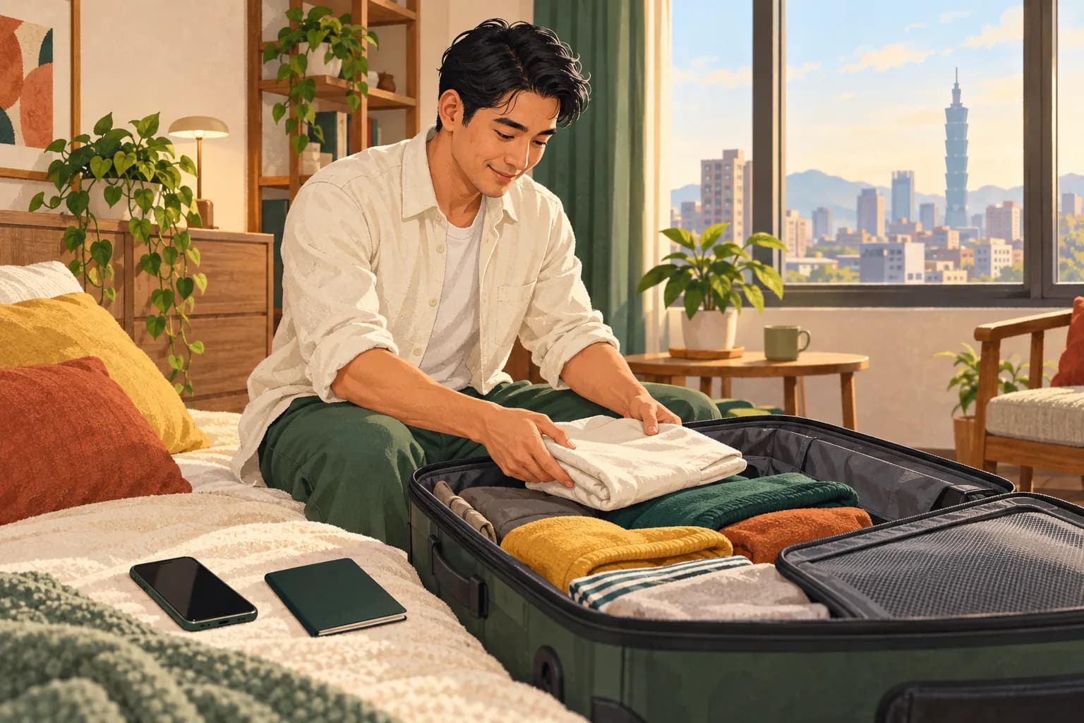A traveler prepares luggage and checks a phone before a family visit.