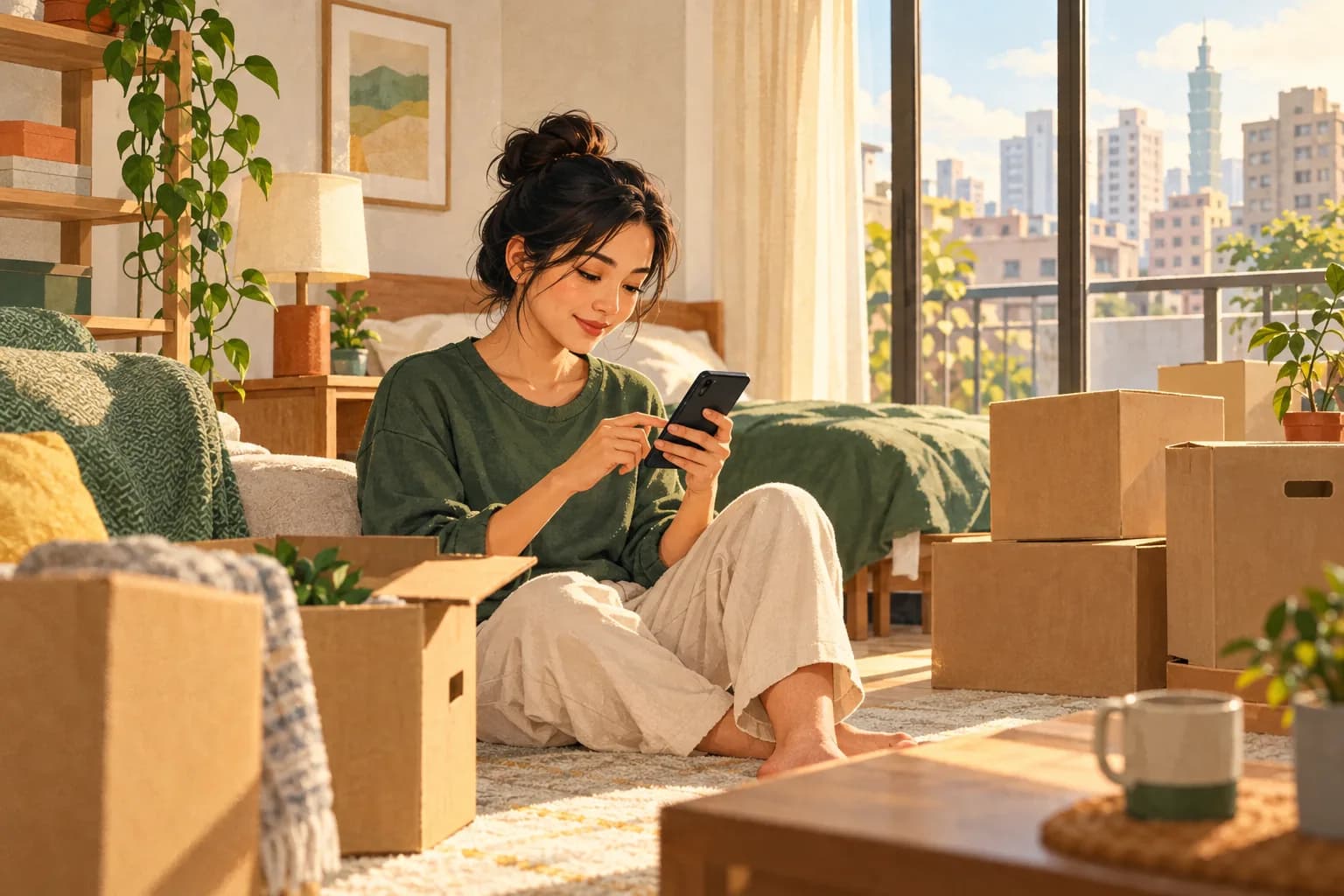 A person with moving boxes checks a phone in a new room.
