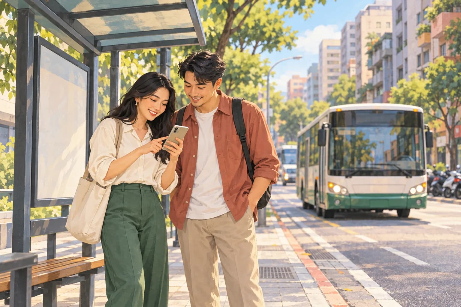 Friends use a phone to find their way on a Taiwan street.