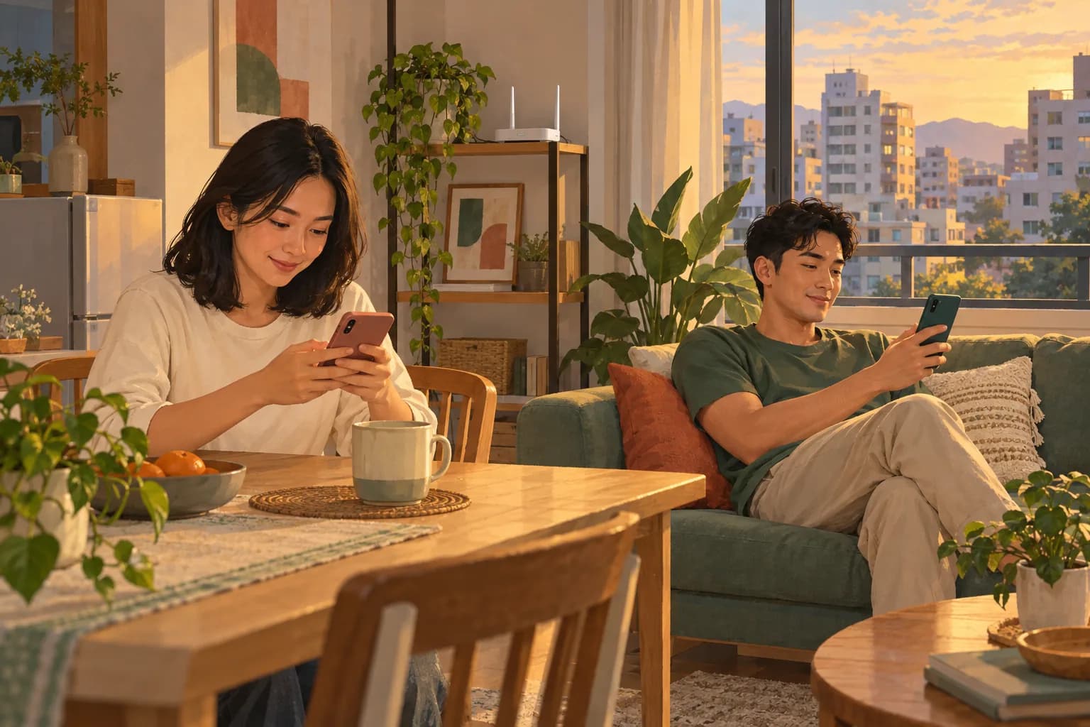 A person checks a phone in a shared living space.